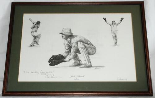 Jack Russell. Two limited edition prints from original pencil sketches by Russell. One dated 1993, titled '"Jack" Russell' features Russell in two wicketkeeping poses and in batting action. Limited edition no. 53/850, signed in pencil by Russell with dedi