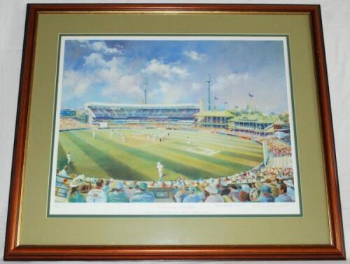 'Darren Gough's Hat-Trick. England v Australia at the S.C.G. Sydney 1999'. Large colour limited edition print from the original pastel painting by Jocelyn Galsworthy. Limited edition 9/350 signed by Darren Gough and the artist. Mounted, framed and glazed.