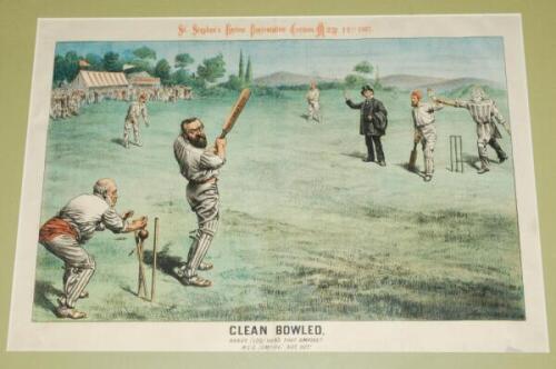 'Clean Bowled'. Large original colour cricket caricature print with political interest on the 'battle for home rule' in Ireland from the original by Tom Merry. 'St Stephen's Review. Presentation Cartoon. May 14th 1887'. With caption 'Clean Bowled', 'Randy