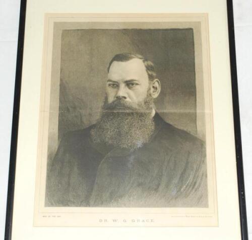 'Dr. W.G. Grace. Men of the Day' 1888. Large double page wood engraving of Grace, head and shoulders, with title to lower border, from a photograph by Messrs Martin & Sallnow of the Strand. Mounted, framed and glazed. Overall 17.25"x24". Light centre hori