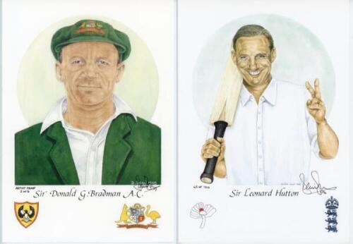 Denise Dean. File comprising a selection of nineteen colour prints and bookplate images. Includes seven original limited edition colour prints of player portraits by the artist Denise Dean. Subjects are Don Bradman, artist proof no. 2 of 6, Len Hutton, H