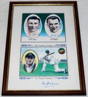 Australia. Colour print depicting three Australian Test cricketers, Bill Lawry, Bob Simpson and Donald Bradman, signed by all three players. Framed and glazed, overall 9"x12.5". G/VG - cricket