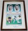Australia. Colour print depicting three Australian Test cricketers, Bill Lawry, Bob Simpson and Donald Bradman, signed by all three players. Framed and glazed, overall 9"x12.5". G/VG - cricket