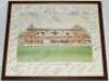 'The Lord's Pavilion'. Colour print from the original watercolour by David Gentleman, 1986. Signed in ink to all four borders of the image by forty nine former Test cricketers. Signatures include Carr, Gatting, A. Bedser, R. Illingworth, Graveney, Hampshi