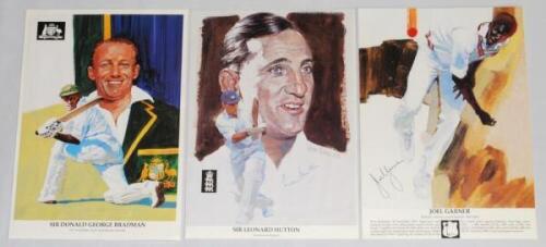 Test cricketers. Five colour and one mono printed bookplate images/photographs taken from 'The Lord's Taverners' Fifty Greatest' book, each signed by the featured player. Signatures are Don Bradman, Len Hutton, Joel Garner, Ian Botham, Barry Richards and 