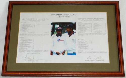 'Record Breaking Legends'. Colour copy photograph of Garry Sobers with his arm around Brian Lara's shoulder. Typed title to top, scorecards to either side, one with Lara's score of 375 v England 1994, the other with Sobers' score of 365no v Pakistan 1958.