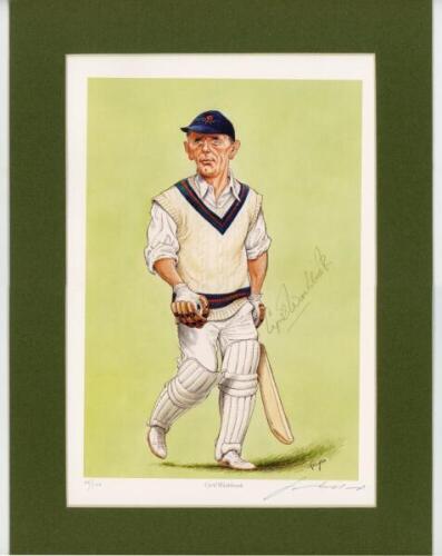 'Cyril Washbrook'. Limited edition colour print of Washbrook wearing Lancashire cap. Limited edition no. 68/500, signed in pencil by Washbrook and the artist John Ireland. Sold with a print of a handwritten scorecard for 'Laker's Test', England v Australi