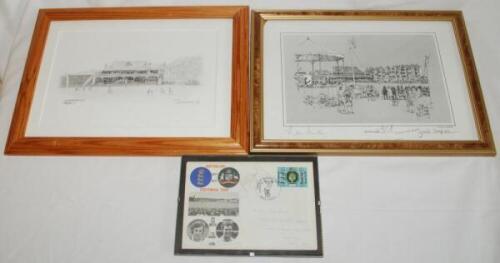 'Scarborough'. Mono print by Aylwin Sampson of the bandstand and Scarborough ground, signed in pencil to the lower border by Len Hutton, Fred Trueman and the artist. Also a framed print of a sketch by Jack Russell of a match in progress at Scarborough wit