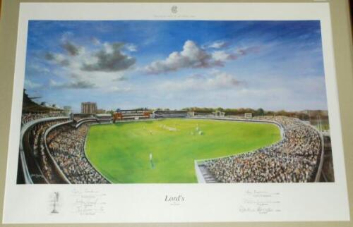 'Lord's'. Jack Russell. Large colour limited edition print of Lord's. The lower border signed by the artist, Russell, Colin Cowdrey, Godfrey Evans, Lt Col John Stephenson, Brian Johnston and Dickie Bird in pencil. Limited edition 600/850. With certificate