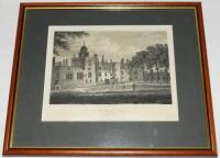 'The Charter House, London'. Original mono engraving showing the original site of Charterhouse School, with a cricket match in progress. Drawn and engraved by J. Storer. Published 1st August 1804. Published by Verner & Hood of Poultry, London. Mounted, fr
