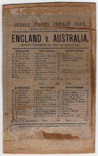 England v Australia 1880. First Test match in England. Early original official silk scorecard for the Test match played at The Oval, 6th- 8th September 1880. Printed by Merser & Sons for W.E. Hughes, "Clayton Arms", Kennington Oval. The scorecard laid to 