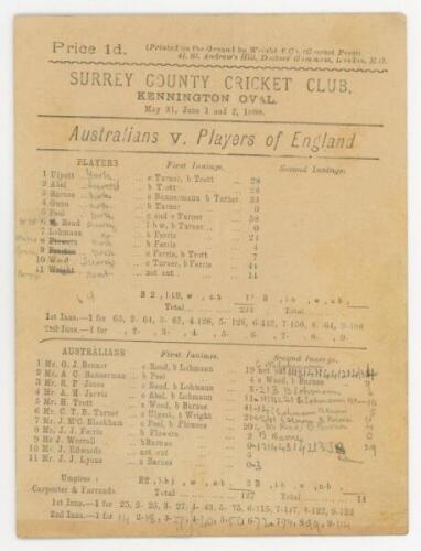 Players of England v Australians 1888. Rare early scorecard for the match played at The Oval on 31st May, 1st and 2nd of June 1888. Printed and handwritten scores. Advert for F.H. Ayers to verso. Vertical crease to card, minor age toning otherwise in good