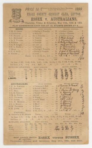 Essex v Australians 1899. Rare early scorecard for the match played at the County Ground at Leyton on 11th-13th May 1899. Printed and handwritten detail. Advert for Collier Brothers, Brewers of Walthamstow to verso. Odd minor faults, marks and age toning 