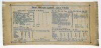 England v Australia, 3rd Test match, Leeds. July 1930. Original commemorative silk scorecard for the historic Test match where Don Bradman made the record Test score of 334. The oblong scorecard by Crosland & Co of Kirkgate, Leeds measures 10.5"x4.75" and