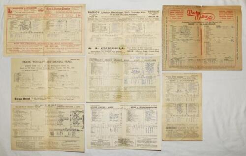 Kent C.C.C. 1936-1955. Eight official pre- and post-war scorecards for Kent related home matches all played at different grounds. Scorecards are v Somerset, Tonbridge, 13th- 16th June 1936, v Essex, Tunbridge Wells, 27th- 30th June 1936, v Glamorgan, Folk