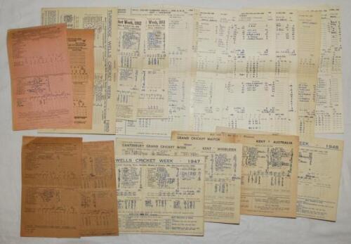 Post-war scorecards. Box comprising over two hundred post-war (one wartime) scorecards with heavy Kent interest, covering County, Test and tour matches etc. 1943-2018. Earlier notable scorecards include South of England v Australians, Hastings, 1st- 3rd S