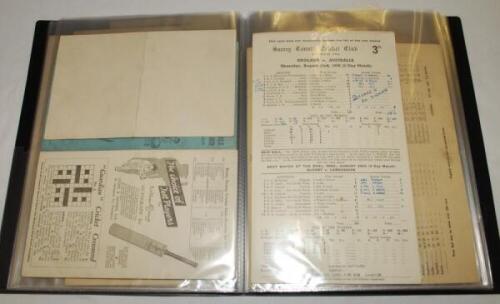 Post-war scorecards 1945-1977. Black file comprising over fifty official scorecards for Test, tour, county and representative matches for the period including v Australia, Pakistan, South Africa, West Indies etc. Includes an official scorecards and progra