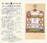 Bicentenary Match. M.C.C. v Rest of the World 1987. Official scorecard for the match played at Lord's, 20th-25th August 1987. The scorecard with complete printed scores is nicely signed in ink by twelve players including Gatting, Gooch, Edmonds, Marshall,