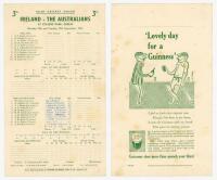 Australia tour to England 1961. Rarer official scorecard for the tour match, Ireland v The Australians, College Park, Dublin, 18th & 19th September 1961. Incomplete handwritten scores showing Australia's completed first innings. Light foxing, otherwise i