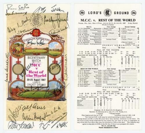 'Bicentenary Match M.C.C. v Rest of the World'. Official souvenir scorecard produced for the match played at Lord's, 20th-25th August 1987. The card with decorative colour front nicely signed in black ink by twenty two former Test cricketers. Signatures i