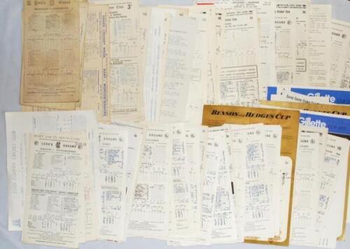 Middlesex and Surrey 1932-1976. A mixed selection of over one hundred official scorecards for the period. The majority for Middlesex and Surrey home matches played at Lord's and The Oval, also Kent and Essex, some at 'out' grounds. Matches include County 