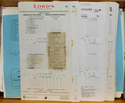 Middlesex C.C.C. 1970s-2000s. Box comprising a comprehensive selection of over two hundred scorecards, the majority Middlesex home and away matches for the period. Matches include County Championship, Sunday League, Benson & Hedges, NatWest and Gillette c