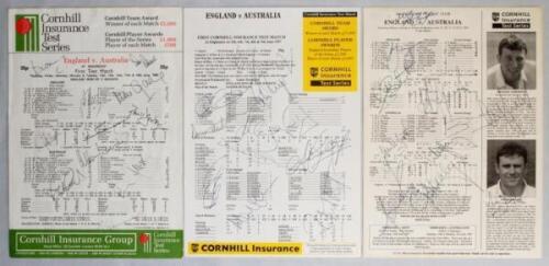 The Ashes. England v Australia 1985 and 1997. Three signed official scorecards for the first Test, Headingley 13th- 18th June 1985 (twelve signatures), first Test, Edgbaston, 5th- 9th June 1997 (11), and second Test, Lord's, 19th-23rd June 1997 (11). Sign