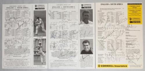 England v South Africa 1994 and 2003. Five signed official scorecards for the first Test, Lord's, 21st- 25th July 1995 (twelve signatures), second Test, Lord's 18th- 22nd June 1998 (12), fourth Test, Trent Bridge, 23rd- 27th July 1998 (11), fifth Test, He