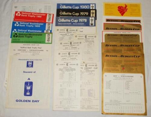 Lord's cup final scorecards 1963-1995. A good selection of official scorecards including Gillette Cup finals for 1963 (inaugural season), 1964, 1965, 1967, 1968, 1970, 1978, 1979 and 1980. NatWest Bank Trophy finals for 1981, 1983, 1987-1989, 1991-1993 an