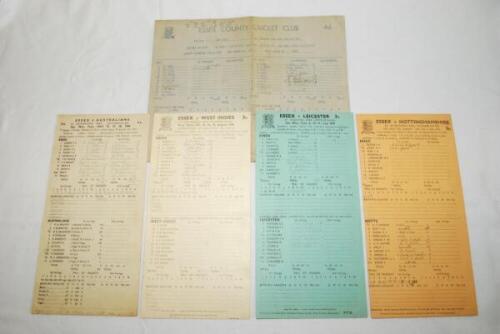 Essex C.C.C. 1948-1963. Five official scorecards for Essex home matches. Includes two scorecards for tour matches, one v Australians, Southend-on-Sea, 15th-18th May 1948, which the Australians won by an innings and 451 runs, scoring a record 721 in their 