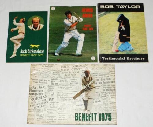 Signed benefit and testimonial brochures. Four multi-signed brochures. Players featured are Bob Taylor (Derbyshire 1973), twenty signatures including Taylor (7 signatures), Brian Bolus (2), Ray Illingworth (2), Mike Hendrick (2), Geoff Miller, Mike Page (