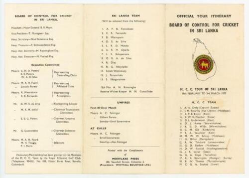 M.C.C. tour to India and Sri Lanka 1976/77. Rare official players' folding tour itinerary issued by the Board of Control for Cricket in Sri Lanka. Signed in ink to the inside by Derek Underwood and Geoff Miller. Minor staining and light horizontal fold, o