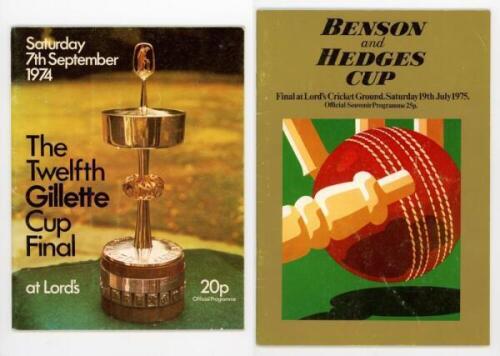 Lord's County Cup Final programmes 1974 & 1975. Two official programmes for the Gillette Cup Final, Kent v Lancashire, 7th September 1974, and Benson and Hedges Cup Final, Leicestershire v Middlesex, 19th July 1975. The 1974 programme signed by eight memb