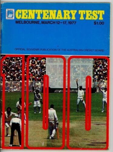 Australia v England. Centenary Test 1977. Official souvenir programme for the Centenary Test played at Melbourne, 12th-17th March 1977. Minor wear and creasing to wrappers, otherwise in good condition. Sold with an unofficial autograph sheet signed by ele