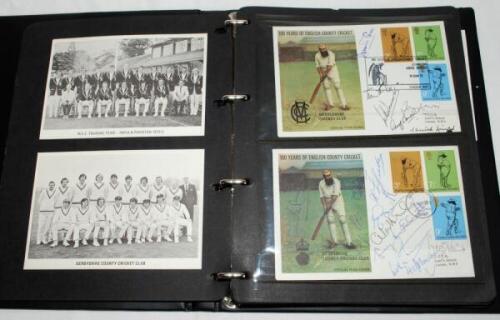 '100 Years of English County Cricket'. Official file containing eighteen first day covers from each County and date stamped 1973. Plus eighteen postcards of the County teams. Each cover multi-signed by former players. Over one hundred and twenty signature