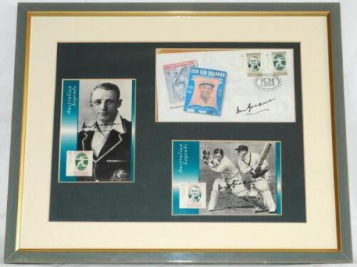 Don Bradman. 'Australian Legends'. Montage comprising a first day cover issued by the Bradman Museum, Bowral, 23rd January 1997, and two 'Australian Legends' philatelic postcards. All three signed in ink by Bradman. Window mounted, framed and glazed, over