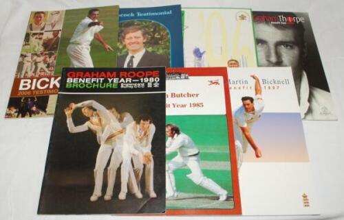 Surrey cricket testimonial and benefit brochures. Seven original brochures, two signed to front cover by the featured player. Signed brochures are Graham Roope 1980, Alan Butcher 1985, others are Pat Pocock 1986, David Ward 1996, Martin Bicknell 1997 and 