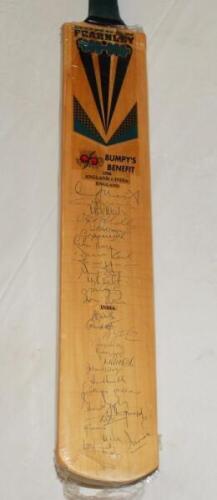 England v India 1996. Full size Duncan Fearnley bat with 'Bumpy's Benefit 96 [Steve Rhodes]' label and printed titles. Signed to the face by thirteen England players and sixteen members of the Indian touring party. Signatures include Atherton, Lewis, Mart