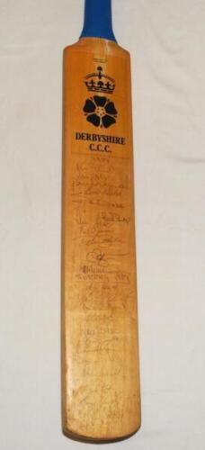 'Derbyshire C.C.C.' 1989. Full size bat with Derbyshire county emblem, signed to the face by twelve members of the 1989 Derbyshire team, and twelve of the Surrey team. Signatures include Barnett, Bishop, Newman, Maher, Sharma, O'Gorman, Bowler (Derbyshire