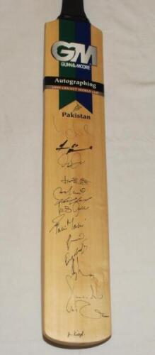 Cricket World Cup 1999. Pakistan. Full size Gunn & Moore official 'Autographing' bat signed by fourteen members of the Pakistan squad. Signatures include Wasim Akram, Moin Khan (signed with thicker pen), Saeed Anwar, Ijaz Ahmed, Mushtaq Ahmed, Inzamam-ul
