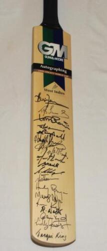 Cricket World Cup 1999. West Indies. Full size Gunn & Moore official 'Autographing' bat signed in thicker pen by nineteen members of the West Indies squad. Signatures include Lara, Ambrose, Adams, Campbell, Walsh, Arthurton, Williams, Bryan, Dillon, Jaco