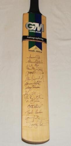 Cricket World Cup 1999. South Africa. Full size Gunn & Moore official 'Autographing' bat signed by fifteen members of the South Africa squad. Signatures include Cronje, Pollock, Boje, Elworthy, Donald, Gibbs, Kallis, Boucher, Kirsten, Rhodes etc. VG - cr