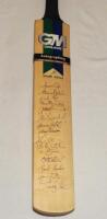 Cricket World Cup 1999. South Africa. Full size Gunn & Moore official 'Autographing' bat signed by fifteen members of the South Africa squad. Signatures include Cronje, Pollock, Boje, Elworthy, Donald, Gibbs, Kallis, Boucher, Kirsten, Rhodes etc. VG - cr