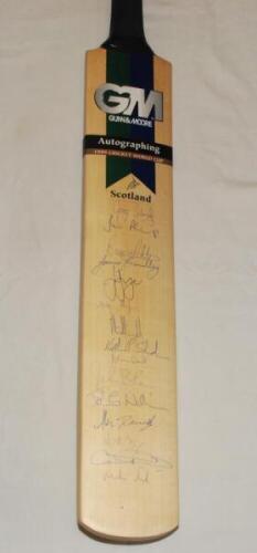 Cricket World Cup 1999. Scotland. Full size Gunn & Moore official 'Autographing' bat signed by fifteen members of the Scotland squad. Signatures include Salmond, Philip, Patterson, Brinkley, Sheridan, Butt, Blain, Williamson, Davies, Dyer etc. VG - crick