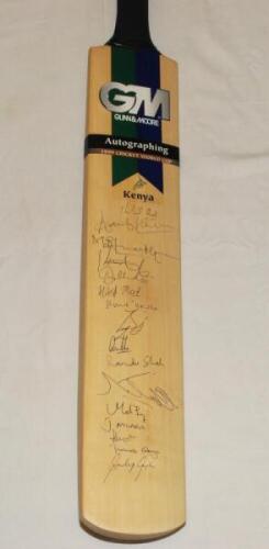 Cricket World Cup 1999. Kenya. Full size Gunn & Moore official 'Autographing' bat signed by sixteen members of the Kenya squad. Signatures include Karim, Odumbe, Chudasama, Modi, Tikolo, Shah, Suji, Angara, Odoyo, Gupta etc. VG - cricket