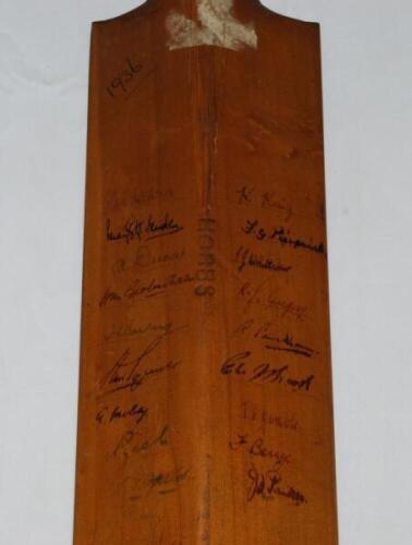 Surrey C.C.C. 1936. Full size 'V.A.L. Jack Hobbs' signature bat signed in ink to verso by Alan Melville (Natal, Sussex, Transvaal & South Africa 1928-1949) and eighteen Surrey players. Signatures include Fender, Ducat, Garland-Wells, Barling, Squires, Mob