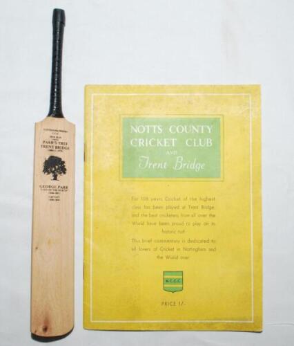 William Arnold Sime. Bedford School, Bedford R.F.C. & Nottinghamshire C.C.C. 1935-1950. 'George Parr. 'Lion of the North'. Fine Elm from Parr's Tree, Trent Bridge 1800(c)-1976'. Miniature cricket bat produced by Nottinghamshire C.C.C. in 1976. 11.5". Very