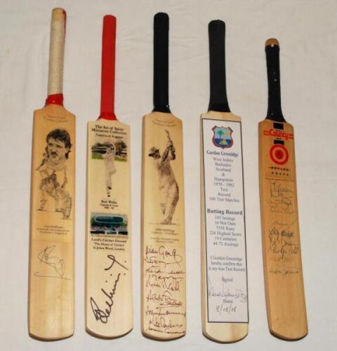 Signed miniature cricket bats. Three 'Art of Sport' miniature bats, two individually, signed by Ian Botham, the other Bob Willis, also Middlesex County Championship Winners 1993 with nine signatures including Gatting, Fraser, Emburey, Roseberry, Cowans et