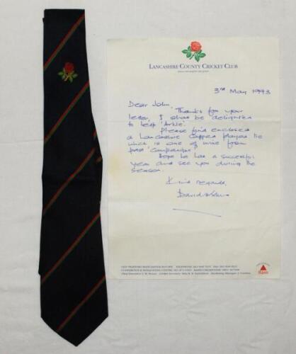 David Paul Hughes. Lancashire First XI tie issued to and worn by Hughes in his playing career. The tie was donated by Hughes for the Derek Randall testimonial auction with accompanying handwritten letter of authenticity, in which Hughes states he 'shall b