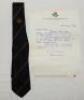 David Paul Hughes. Lancashire First XI tie issued to and worn by Hughes in his playing career. The tie was donated by Hughes for the Derek Randall testimonial auction with accompanying handwritten letter of authenticity, in which Hughes states he 'shall b